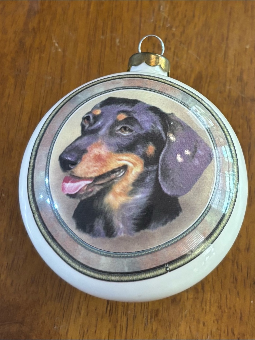 Homemade Dachshund Dog glass Ornament With Poinsettia On Back